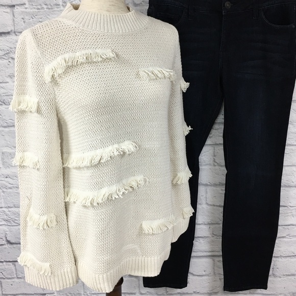 Loft fringe pullover mock neck sweater, cream, M - Picture 2 of 6
